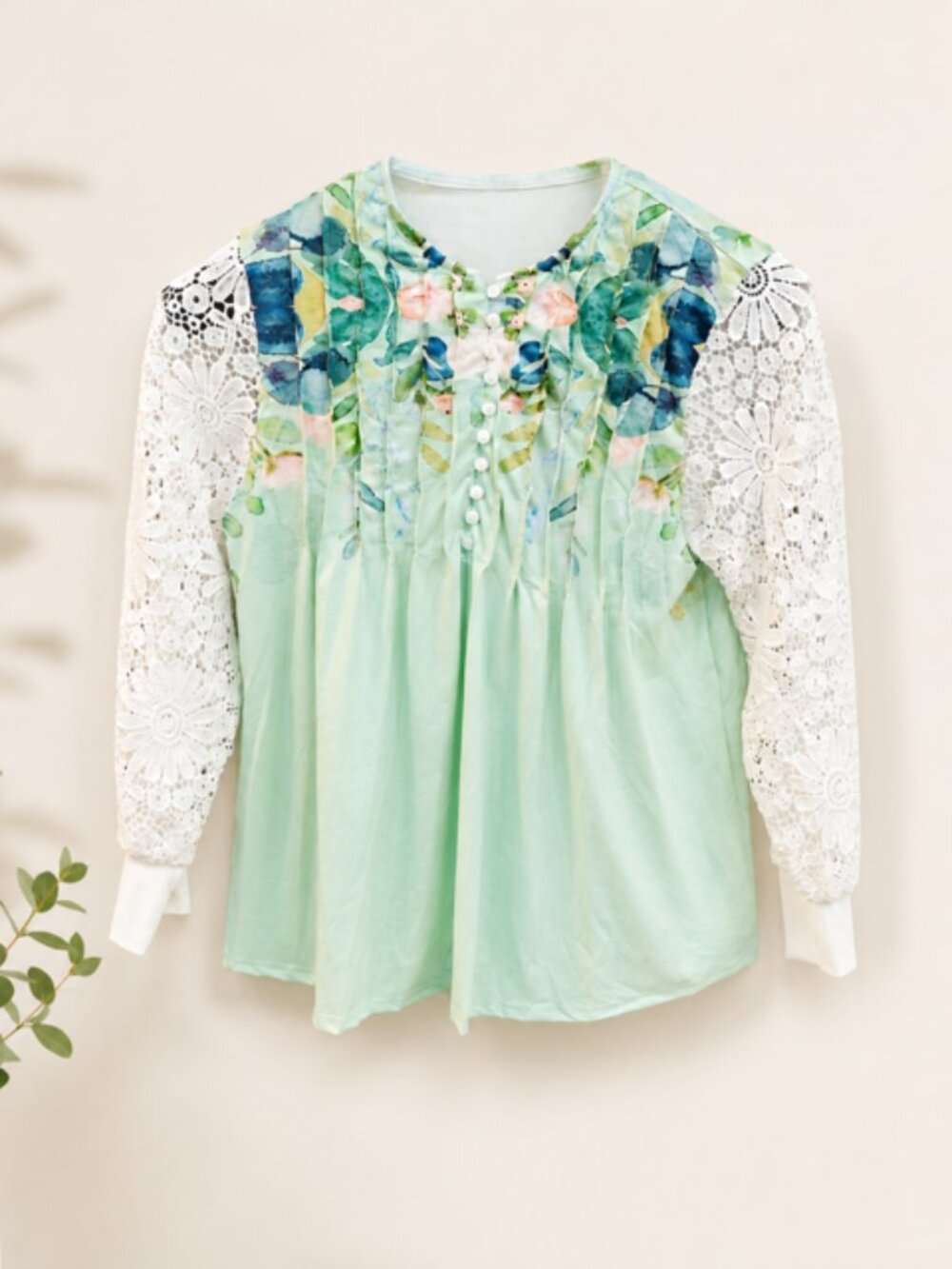 Mint Green Lace Sleeves Floral Top Beautiful 3x